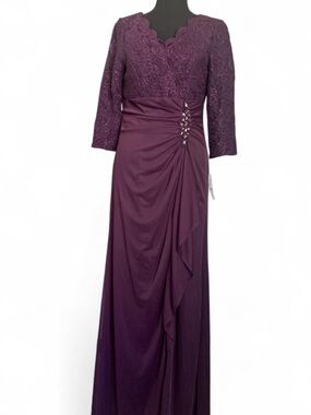 ALEX EVENINGS 
Eggplant Sequin Beaded Jewel Lace A-Line Ruffle Gown
